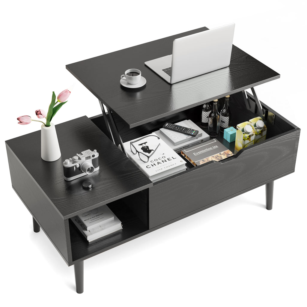 Black lift-top coffee table with the top raised, showing the hidden storage compartment