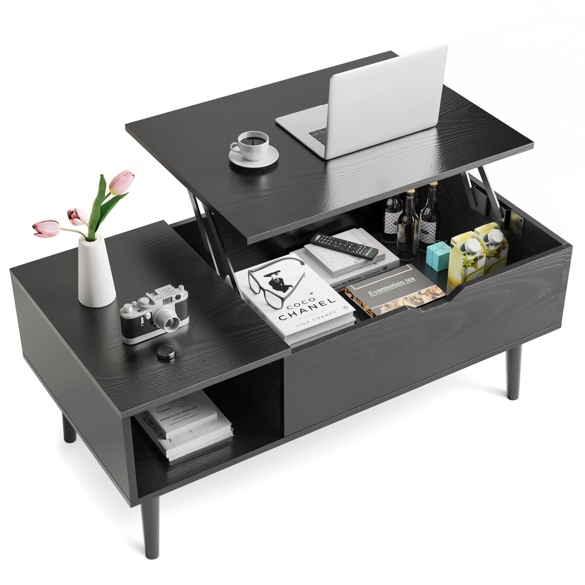 Black lift-top coffee table with the top raised, showing the hidden storage compartment