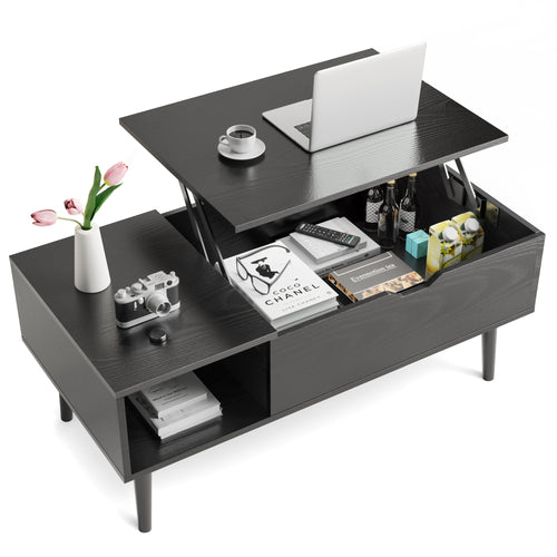 Black lift-top coffee table with the top raised, showing the hidden storage compartment