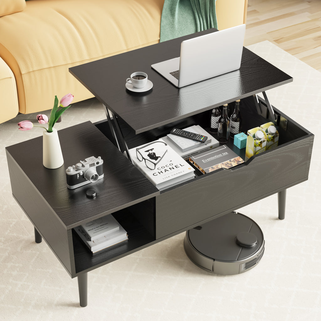 Lift-top coffee table in a living room with the open lower shelf visible