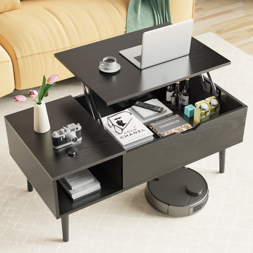 Elva Lift-Top Coffee Table in black with the top raised and a laptop on it