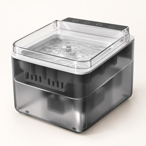 Elva pet water fountain with a clear dust cover and a smoked gray body on a white background