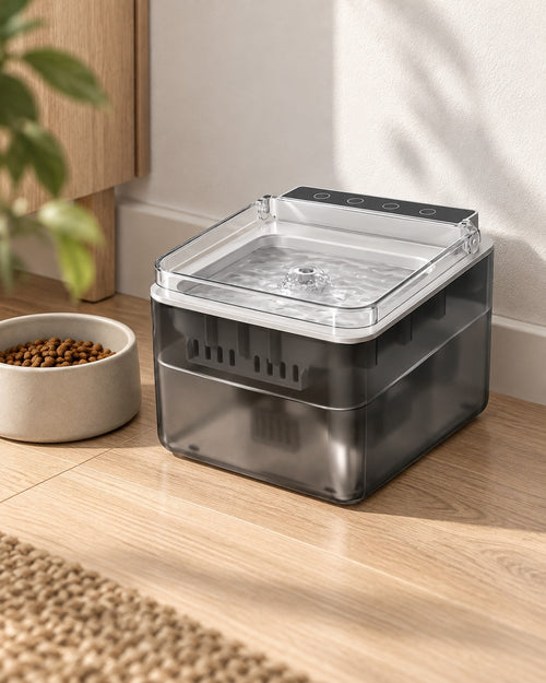 Elva pet water fountain on a light oak kitchen floor next to a food bowl
