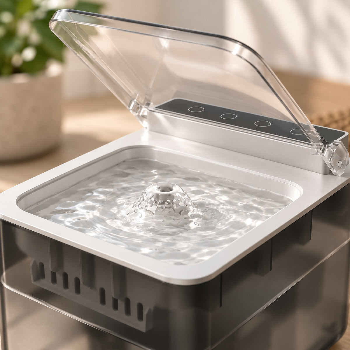 Close-up of the Elva fountain's open cover and water basin with a gentle ripple around the spout