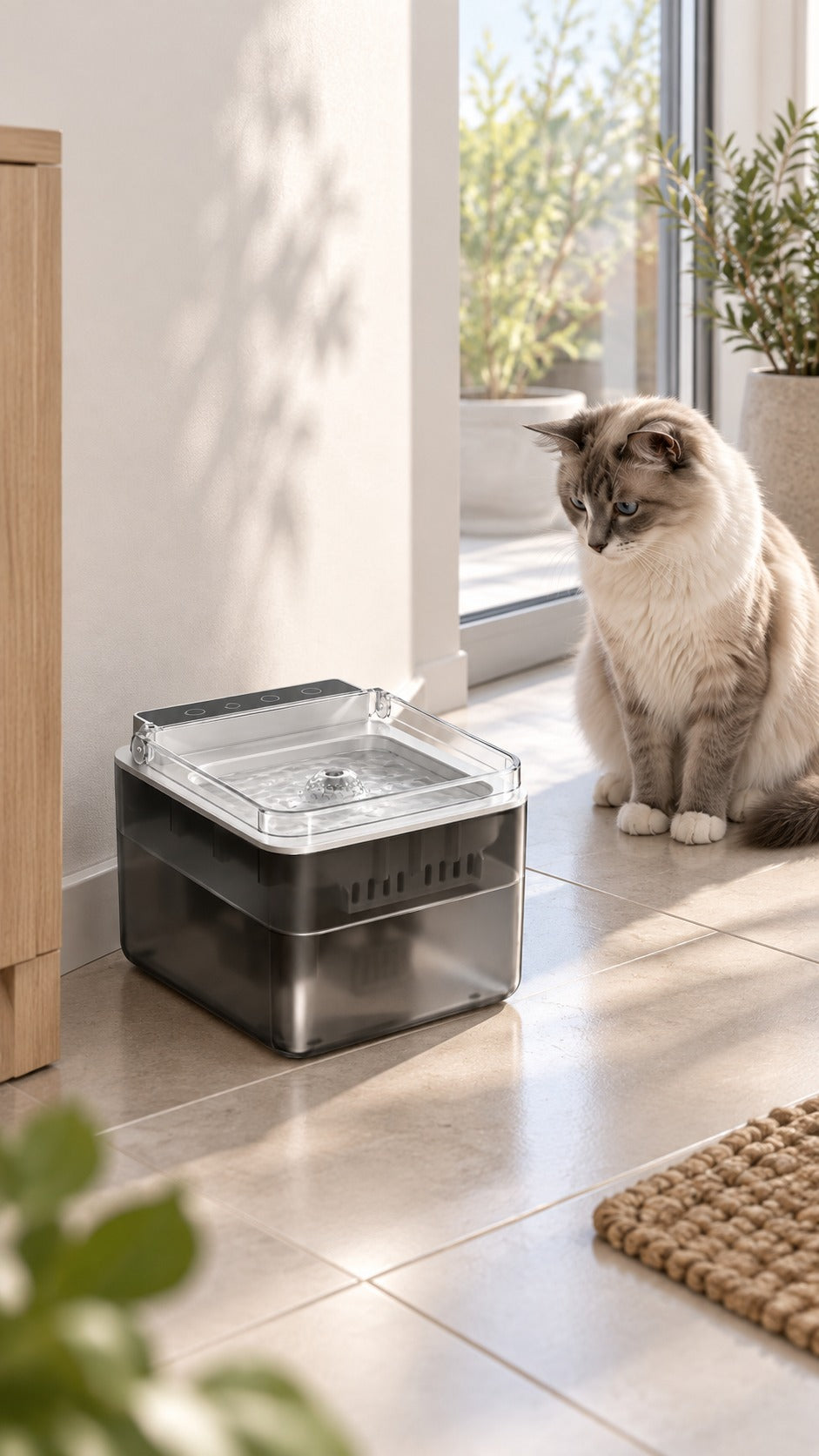Cat sitting near the Elva pet water fountain on a tiled floor by a window