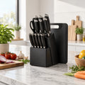 Elva Forge 16-Piece Knife Block on a marble kitchen counter