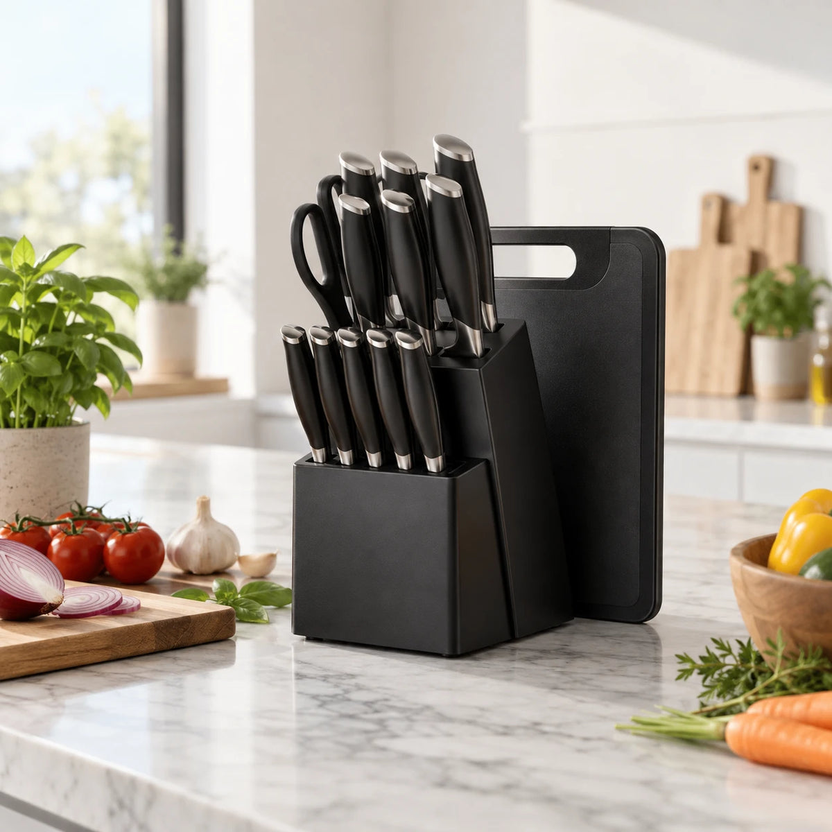 Elva Forge 16-Piece Knife Block on a marble kitchen counter