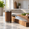 Elva Rolling Knife Sharpener on marble kitchen counter with chef's knife