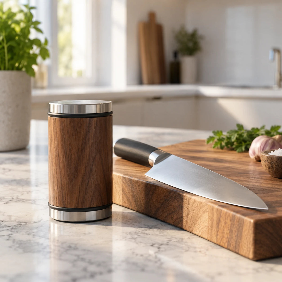 Elva Rolling Knife Sharpener on marble kitchen counter with chef's knife
