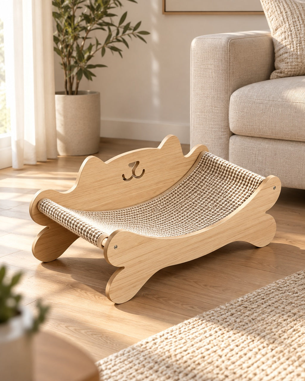 Elva cat scratcher lounge in a bright living room next to a linen sofa