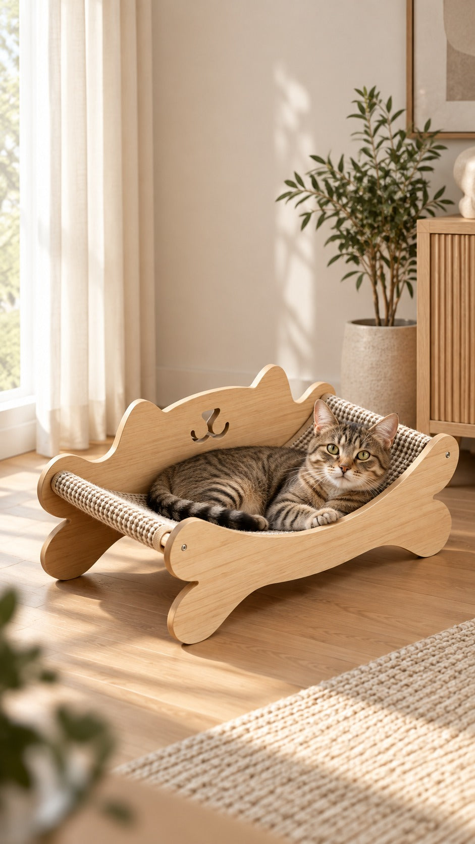 Tabby cat resting on the Elva cat scratcher lounge in a living room corner
